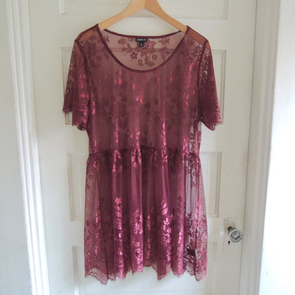 Torrid Sheer Burgundy Floral Lace Babydoll Top 1 (1X)